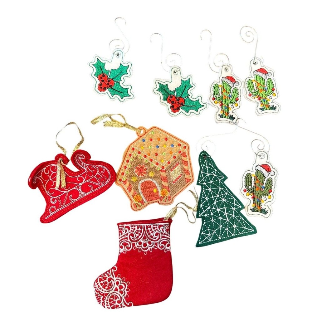Lot Of 9 Handmade Felt Embroidered Christmas Ornaments 3” & 4”